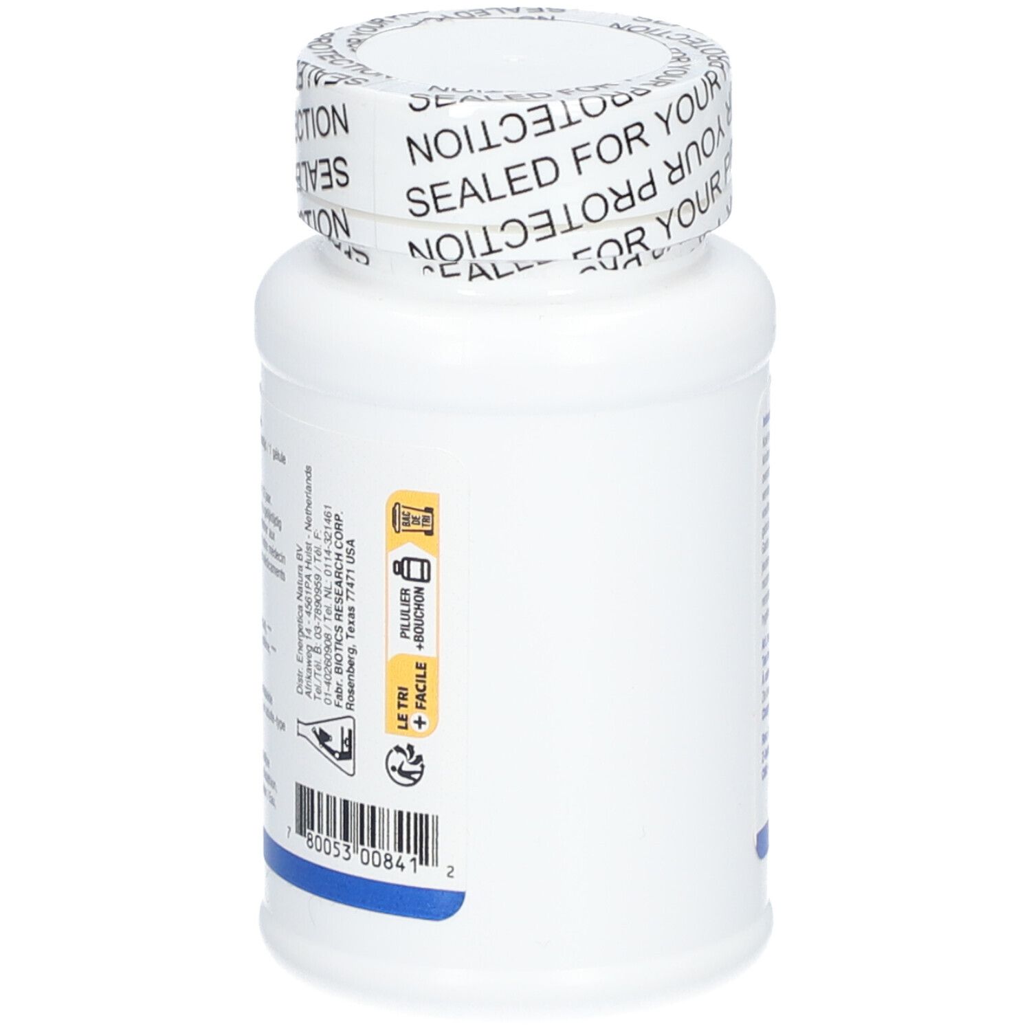 Witte fles met barcode en pictogrammen. Opschrift: Biotics Research. Zegel: Sealed for your protection.