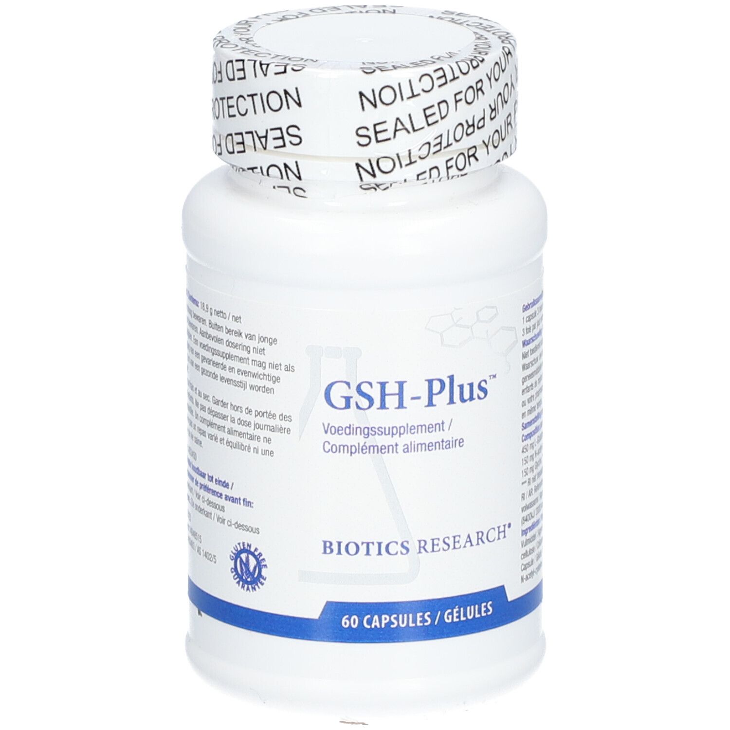 Witte fles met GSH-Plus label. Opschrift: Biotics Research. 60 capsules. Zegel: Sealed for your protection.