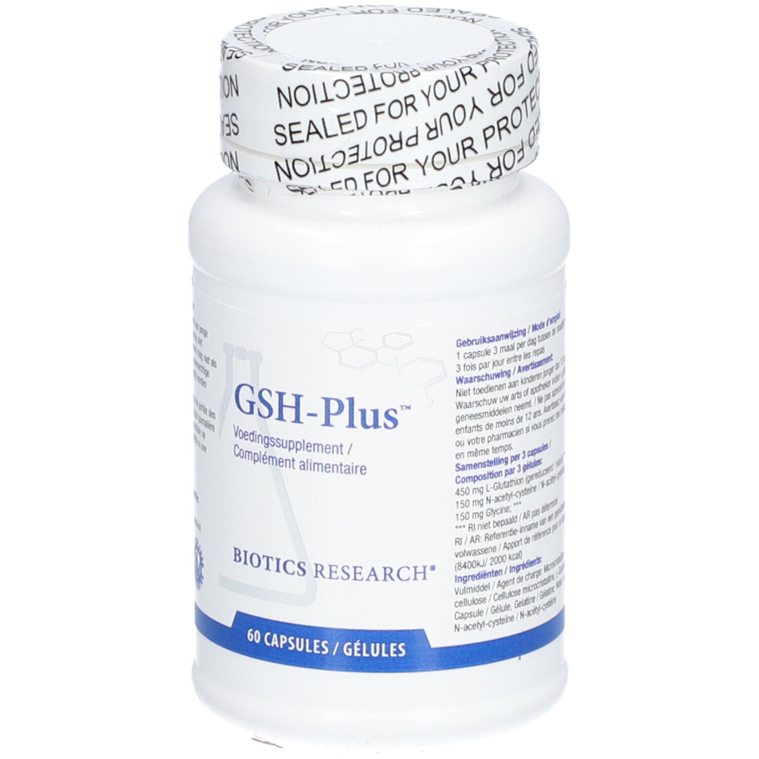 Witte fles met GSH-Plus label. Opschrift: Biotics Research. 60 capsules. Zegel: Sealed for your protection.