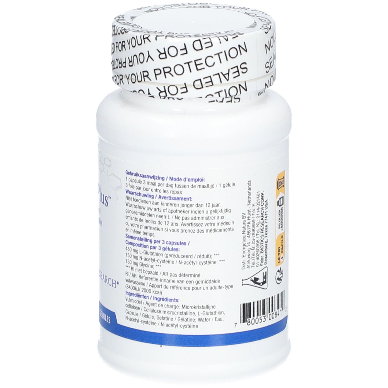 Achterkant van de witte fles. Informatie over gebruik en ingrediënten. Opschrift: Biotics Research. Zegel: Sealed for your protection.