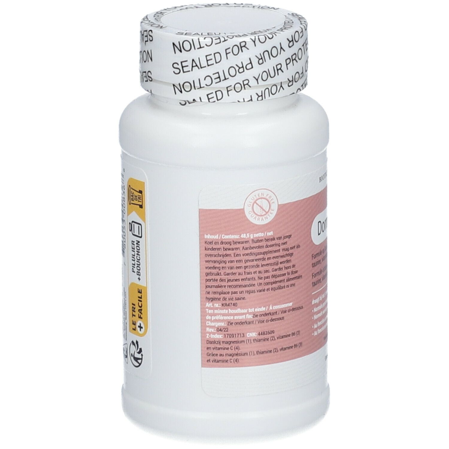 Achterkant van de witte fles met roze etiket. Tekstinformatie en waarschuwingen. Zegel op de dop.
