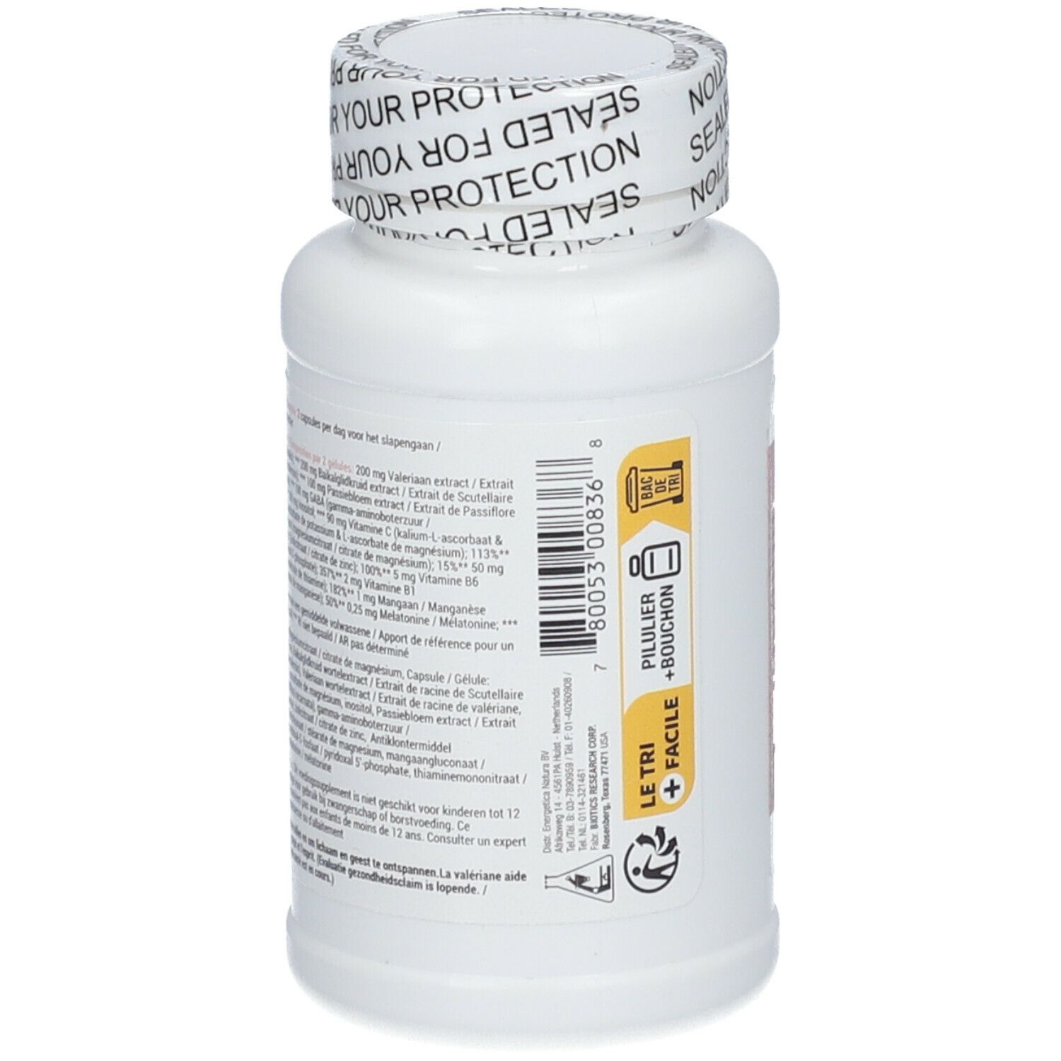 Achterkant van de witte fles met roze etiket. Tekstinformatie, ingrediënten en dosering. Zegel op de dop.