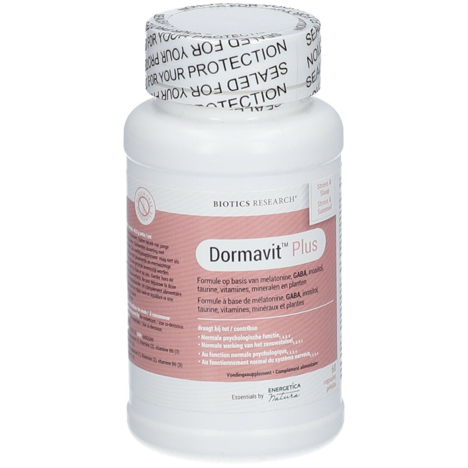 Witte fles met roze etiket. Opschrift: Dormavit Plus, Biotics Research. Dop met zegel.