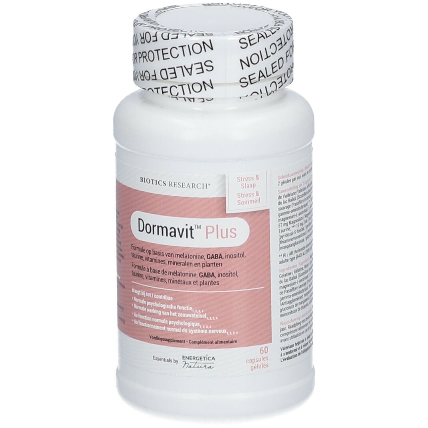 Witte fles met roze etiket. Opschrift: Dormavit Plus, Biotics Research. 60 capsules. Dop met zegel.