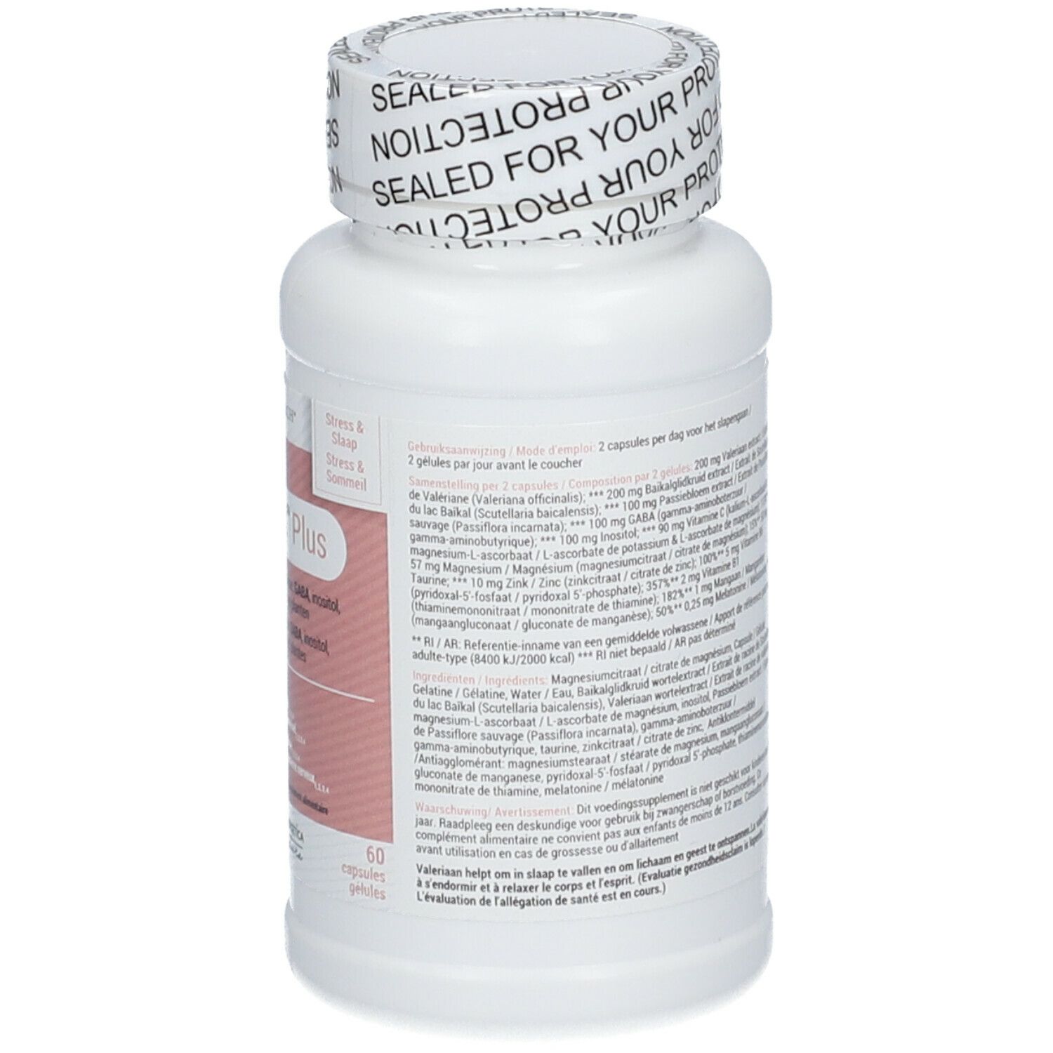 Achterkant van de witte fles met roze etiket. Info, ingrediënten en dosering. 60 capsules. Zegel.