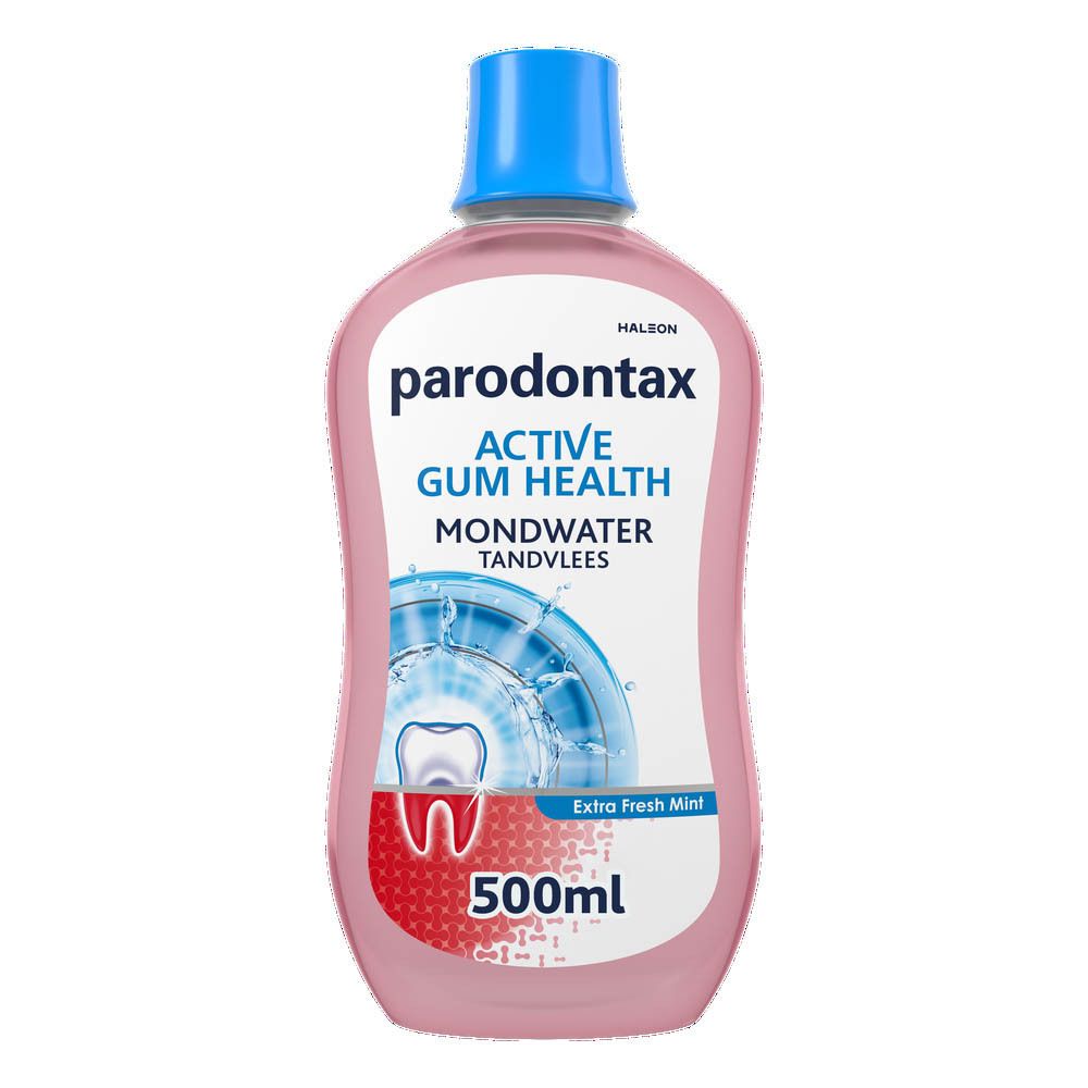 Mondspoeling met blauwe dop. Opschrift: parodontax Active Gum Health. Mondwater, 500ml.