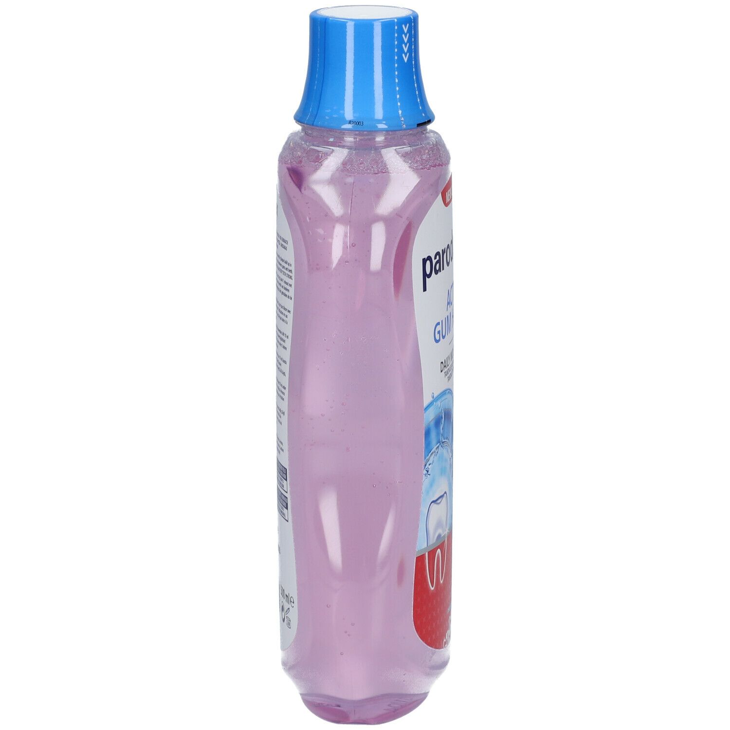 Fles mondspoeling, zijaanzicht. Blauwe bovenkant, doorzichtige vloeistof. Opschrift gedeeltelijk zichtbaar.