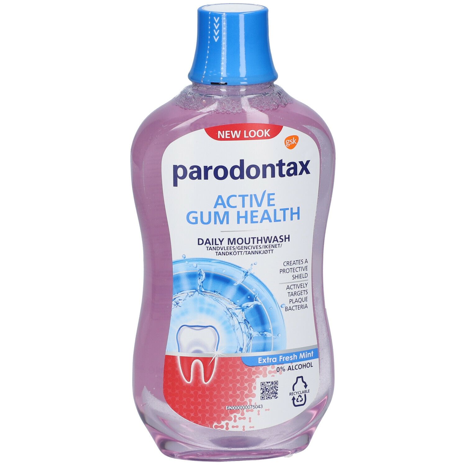 Mondspoeling met blauwe dop. Opschrift: parodontax Active Gum Health. Extra Fresh Mint, 0% alcohol.