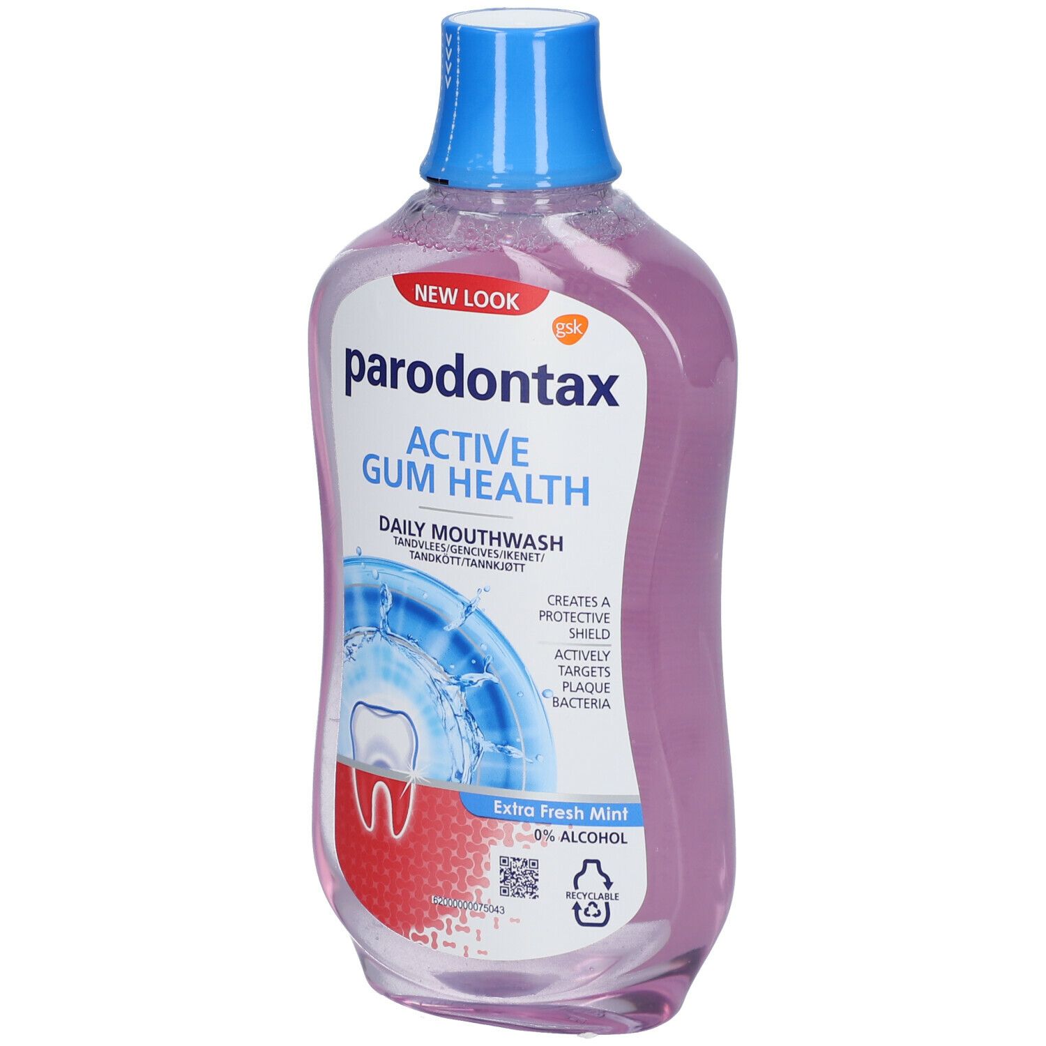 Mondspoeling met blauwe dop. Opschrift: parodontax Active Gum Health. Extra Fresh Mint, 0% alcohol.