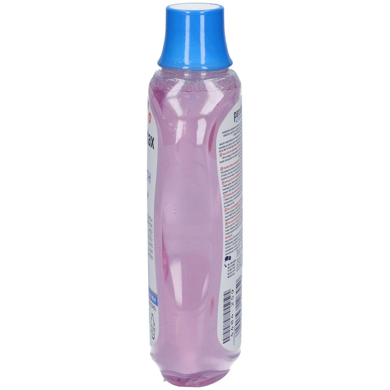 Fles mondspoeling, zijaanzicht. Blauwe bovenkant, doorzichtige vloeistof. Opschrift gedeeltelijk zichtbaar.