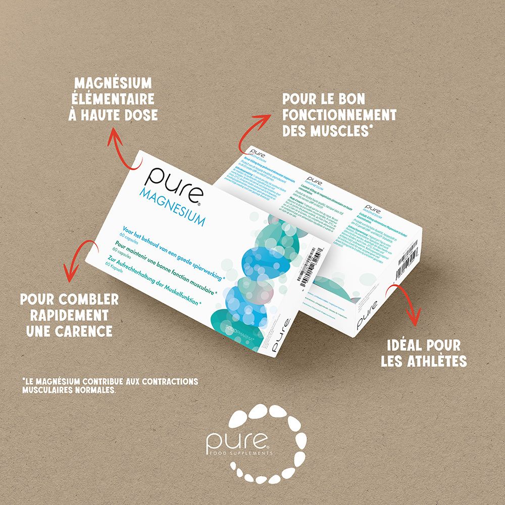 Vue latérale de l'emballage "pure Magnesium". Texte et éléments de design.