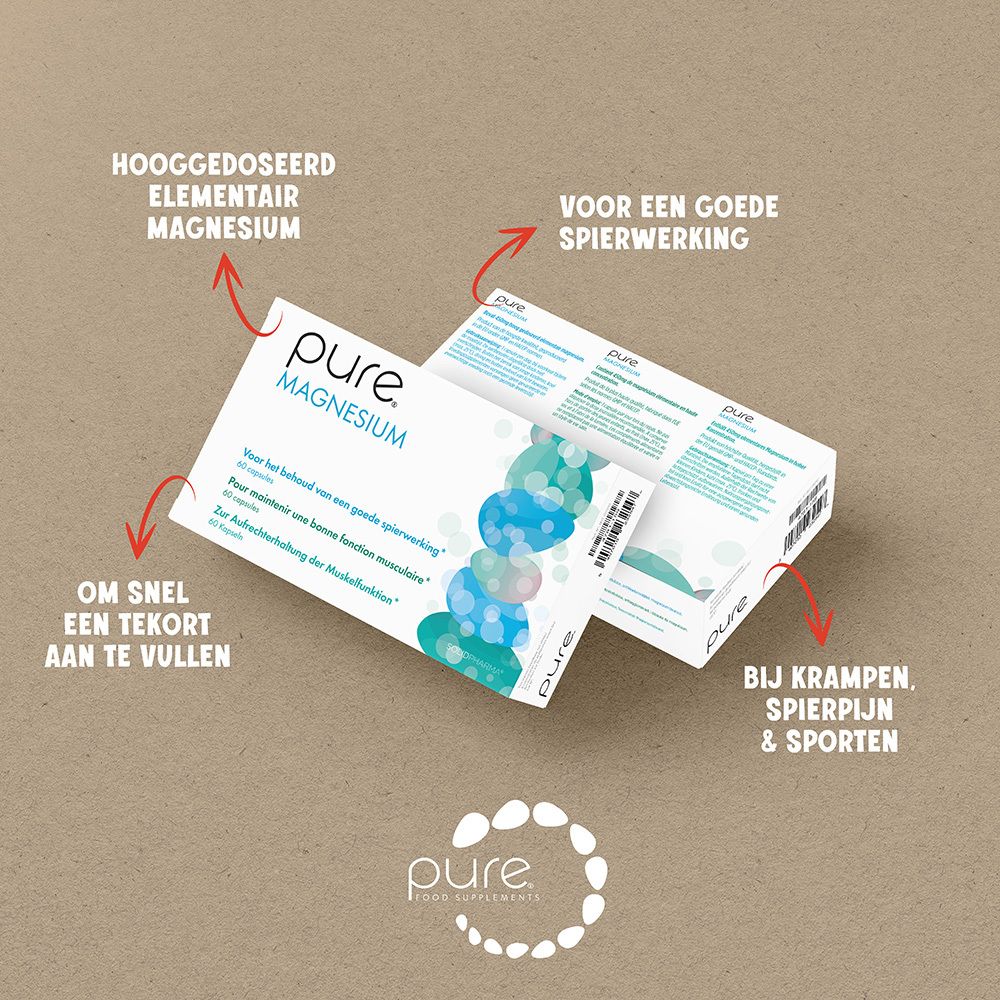 Doos van "pure Magnesium" met 90 capsules. Blauwe en groene cirkels als designelement.