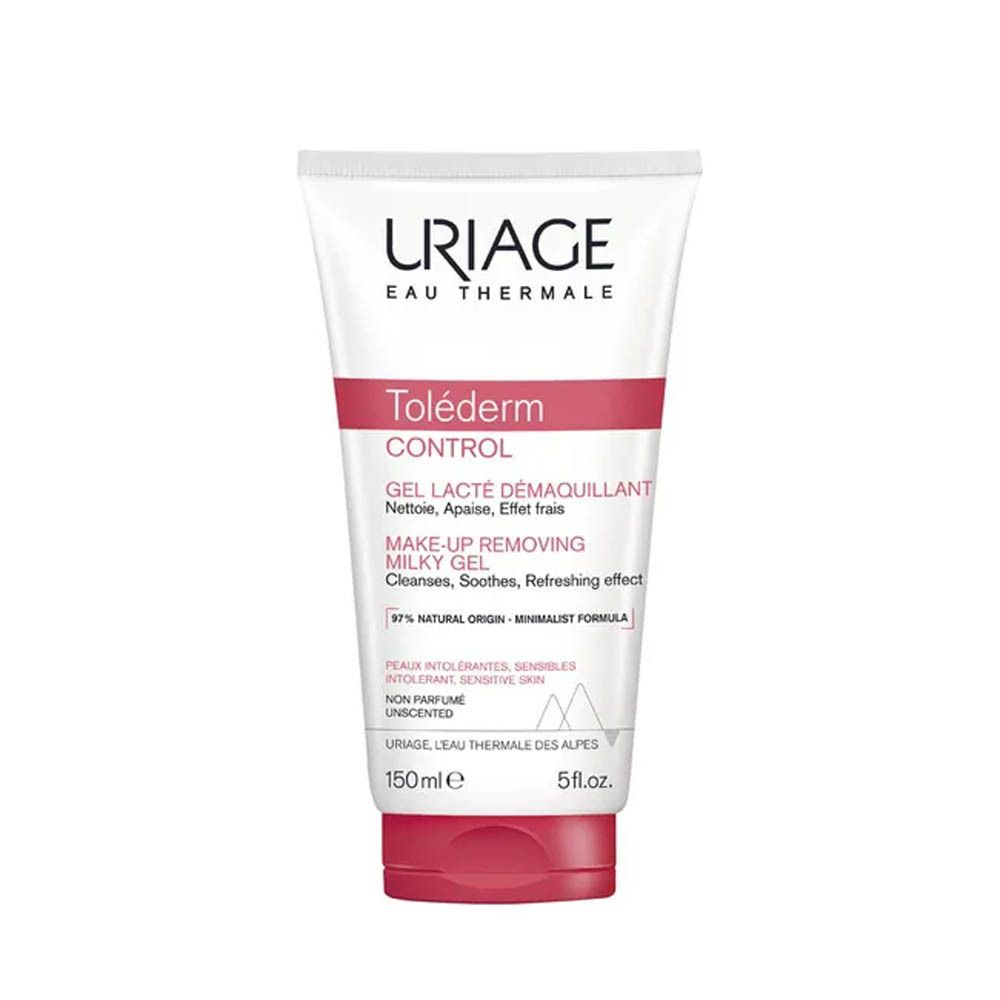 Witte tube met rode tekst. URIAGE, Toléderm Control, reinigingsgel. 150ml, 5 fl.oz. Opschrift: 97% natuurlijke oorsprong.