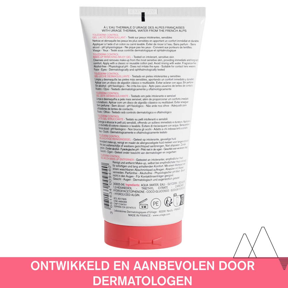 Achterkant van de witte tube. Meertalige tekst. Ingrediënten, instructies, fabrikantinfo. Rode dop.