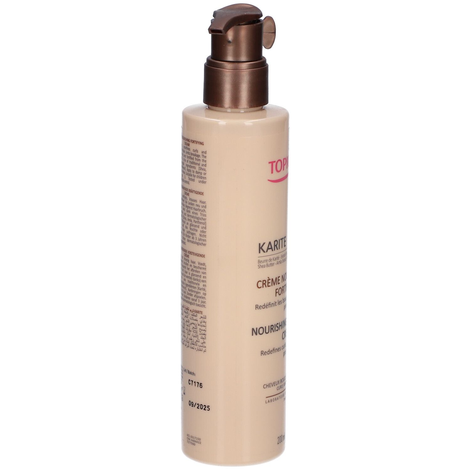 Flacon beige avec pompe. Dos avec texte. Inscription : TOPICREM, KARITE Crème Nourrissante Fortifiante. Date de péremption 09/2025.