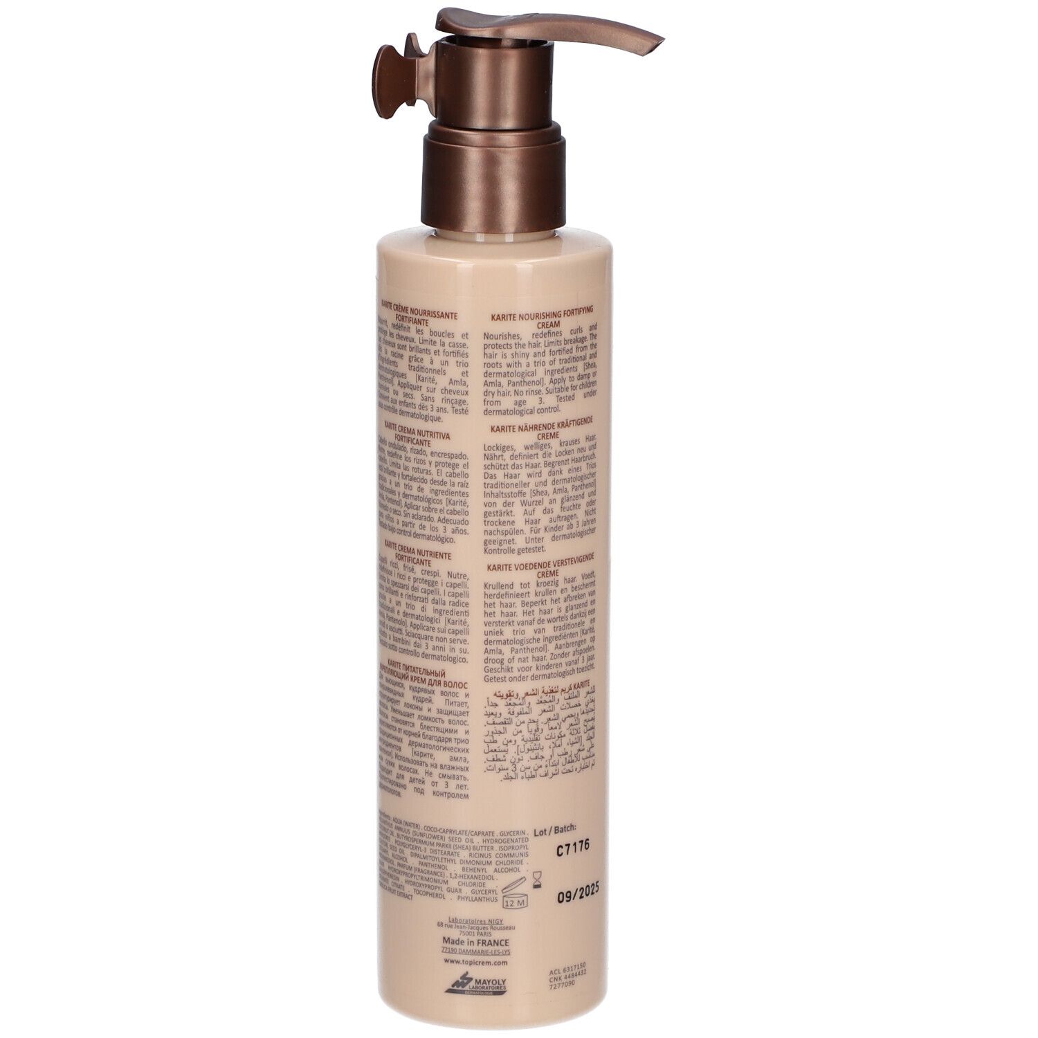 Flacon beige avec pompe. Dos avec texte. Inscription : TOPICREM, KARITE Crème Nourrissante Fortifiante. Fabriqué en France.