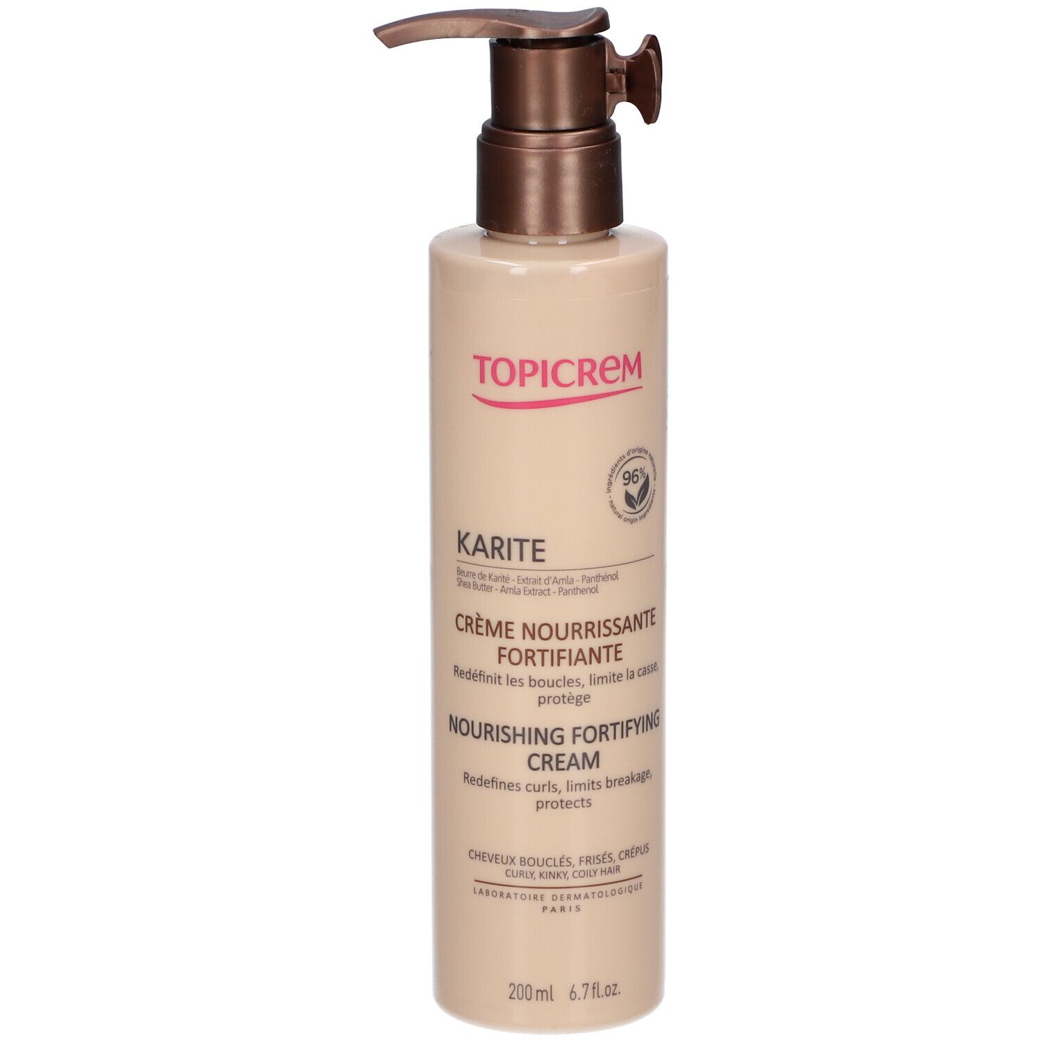 Flacon beige avec pompe. Inscription : TOPICREM, KARITE Crème Nourrissante Fortifiante. 96% ingrédients d'origine naturelle.