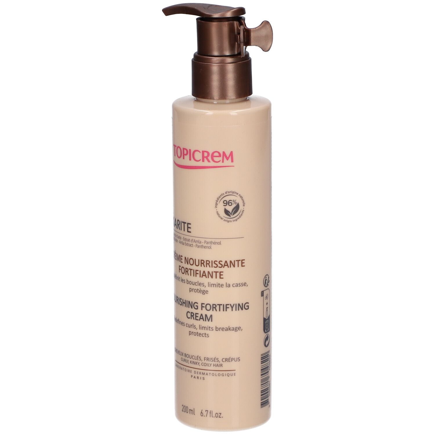 Flacon beige avec pompe. Inscription : TOPICREM, KARITE Crème Nourrissante Fortifiante. 96% ingrédients d'origine naturelle.