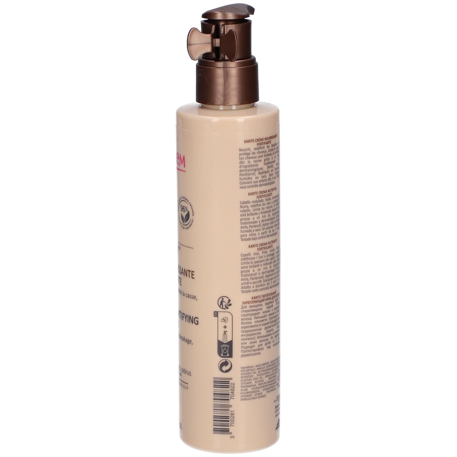 Flacon beige avec pompe. Dos avec texte. Inscription : TOPICREM, KARITE Crème Nourrissante Fortifiante. Écolabels.