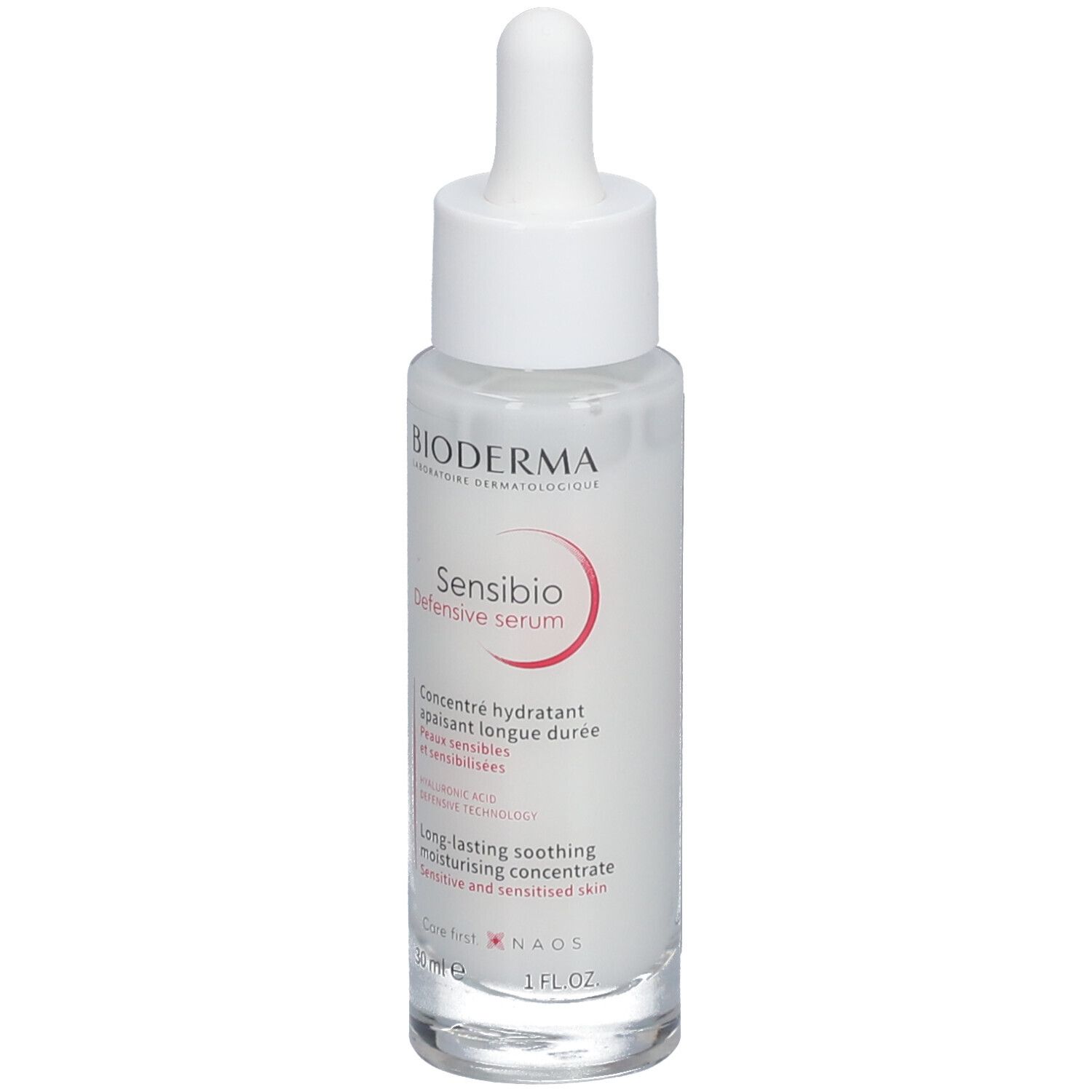 Flacon de sérum avec pipette. Verre blanc, bouchon blanc. Inscription : Bioderma Sensibio Defensiv Serum.