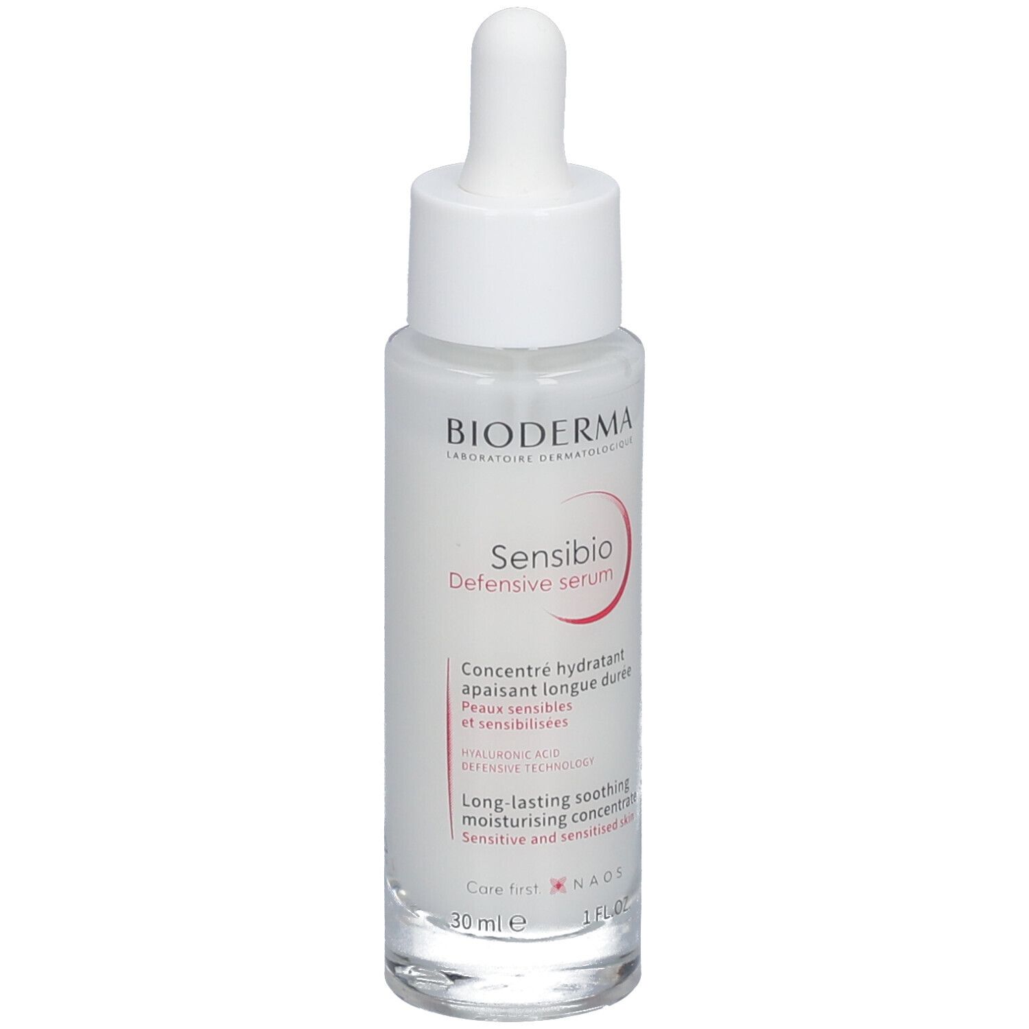 Flacon de sérum avec pipette. Verre blanc, bouchon blanc. Inscription : Bioderma Sensibio Defensiv Serum.