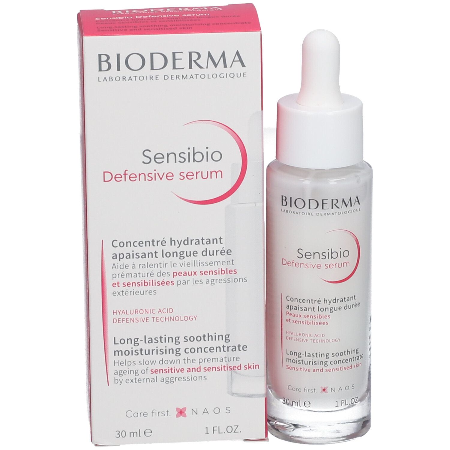 Emballage du produit et flacon de sérum. Boîte et flacon avec pipette. Inscription : Bioderma Sensibio Defensiv Serum.