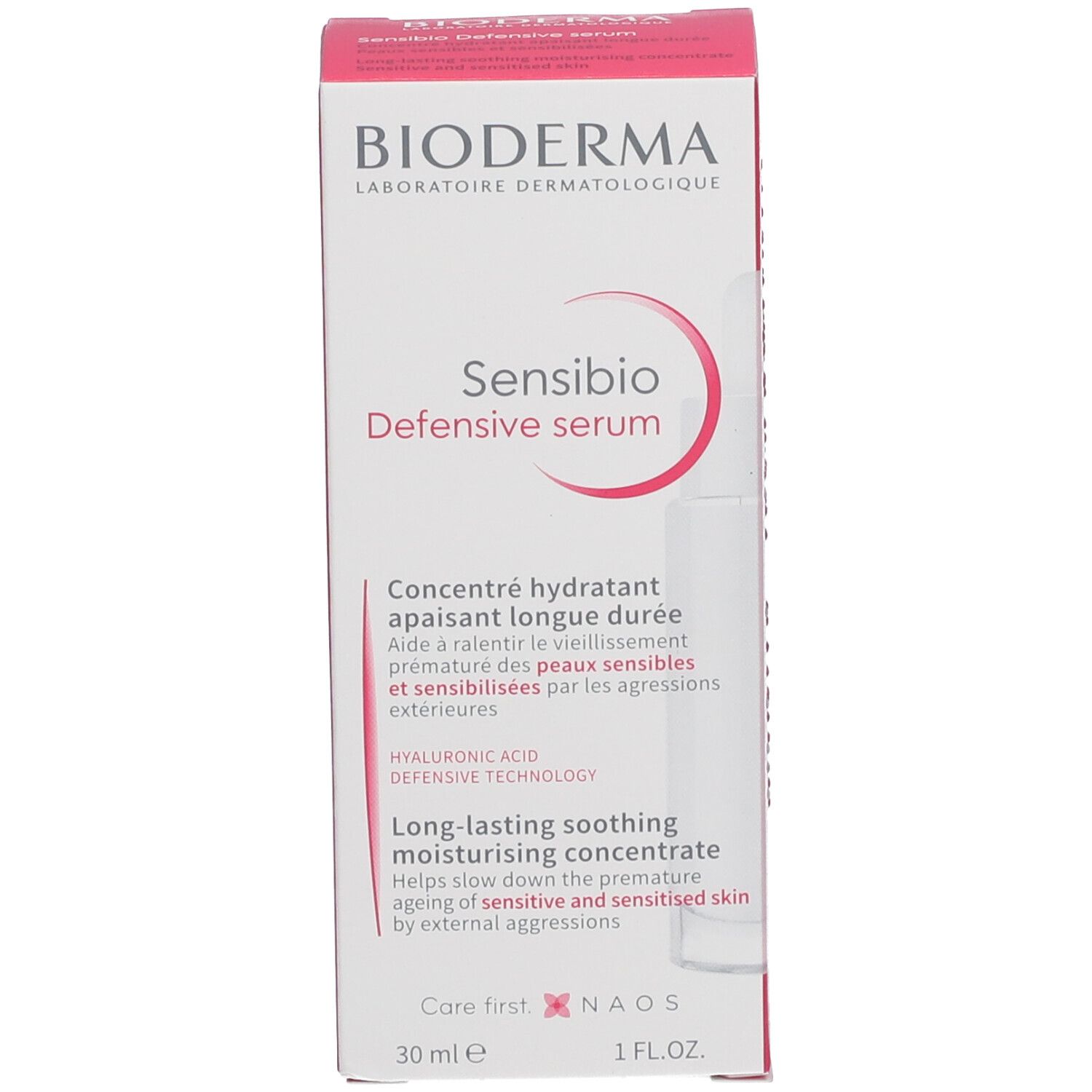 Emballage du produit. Boîte avec inscription : Bioderma Sensibio Defensiv Serum.