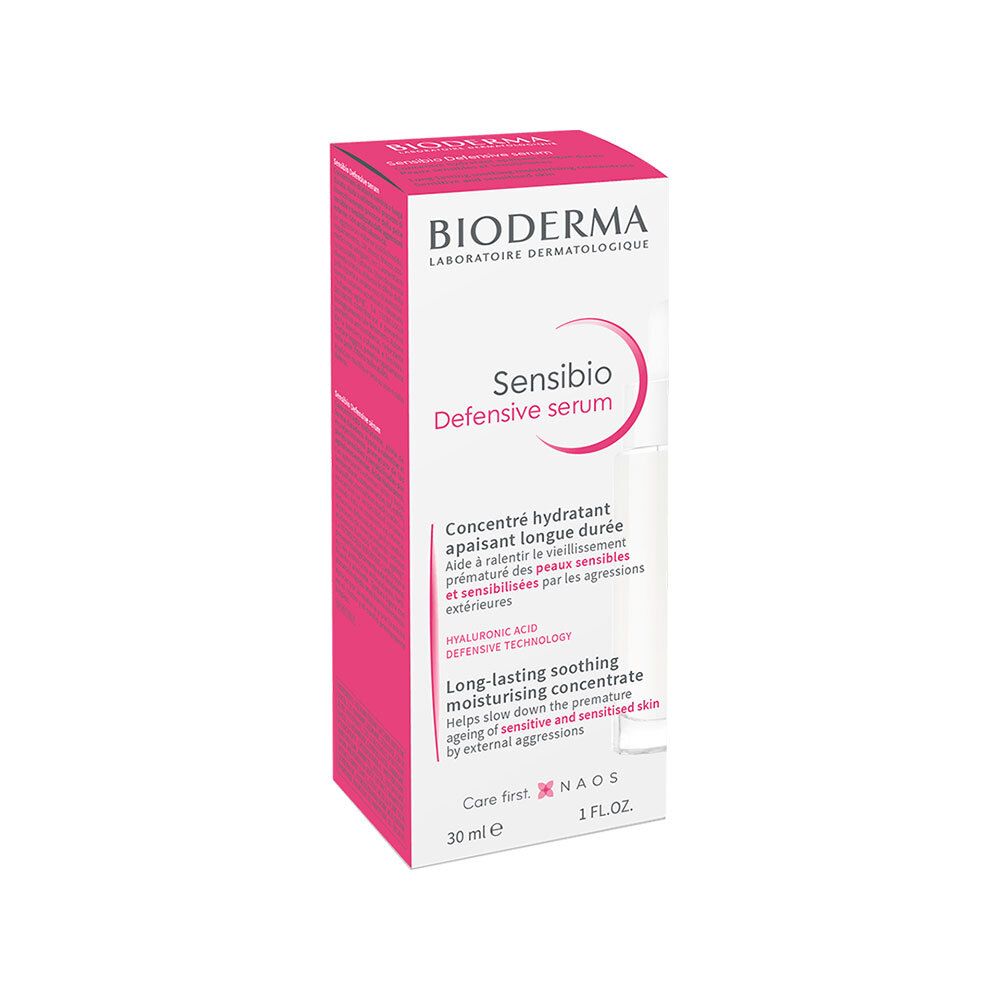 Emballage du produit. Boîte avec inscription : Bioderma Sensibio Defensiv Serum.