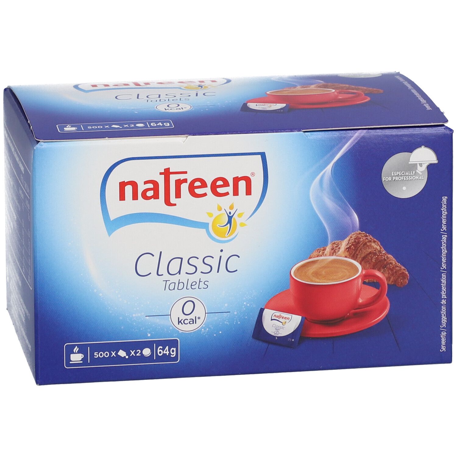 Blauw-witte doos "natreen Classic Tablets". Afbeelding: kopje koffie, croissant. 0 kcal.