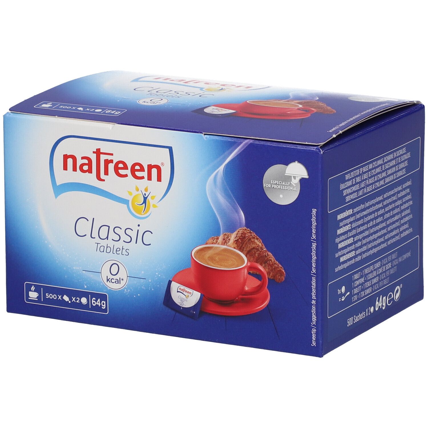 Blauw-witte doos "natreen Classic Tablets". Afbeelding: kopje koffie, croissant. 0 kcal.