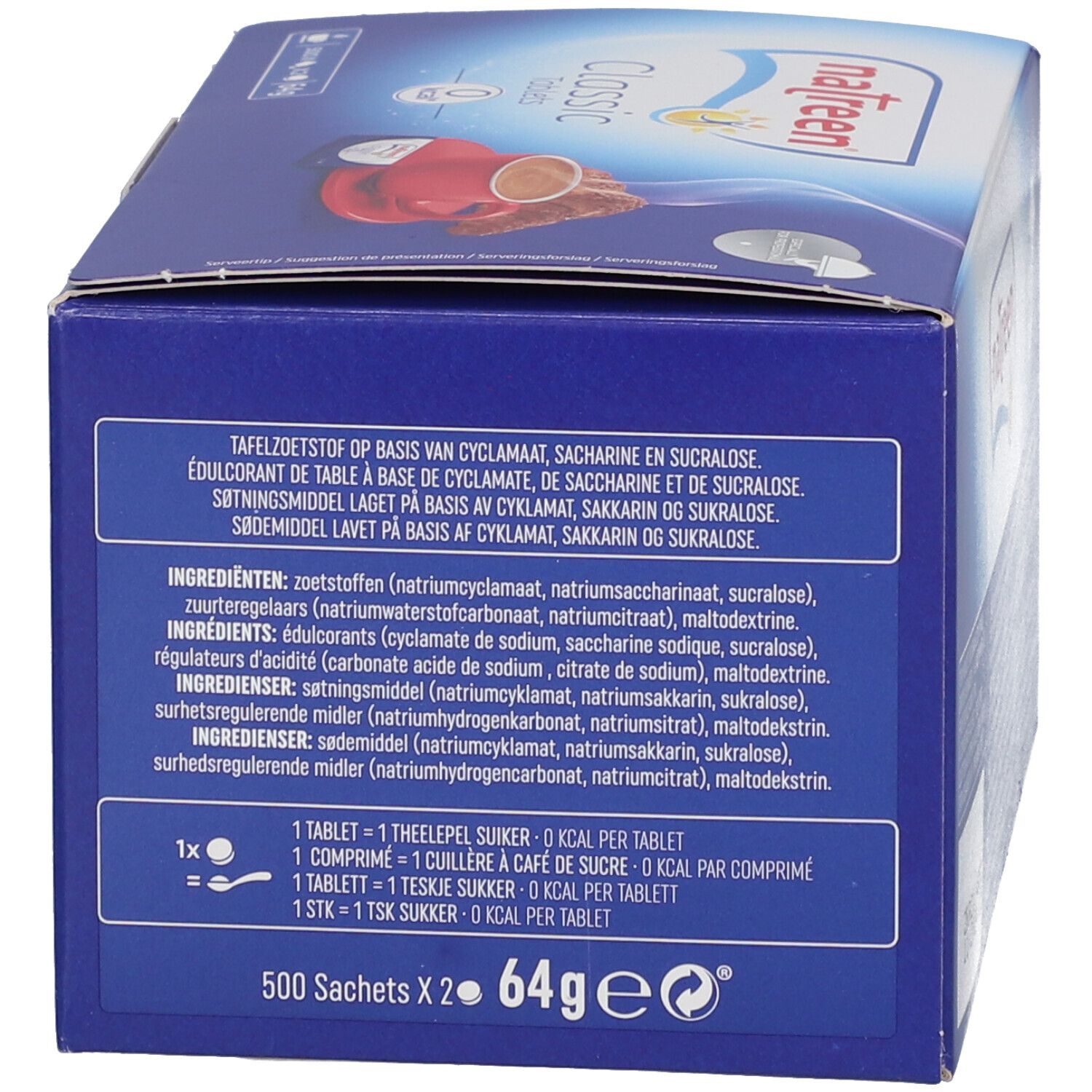 Achterkant van de doos met ingrediëntenlijst. Meertalige tekst. 500 zakjes x 2.