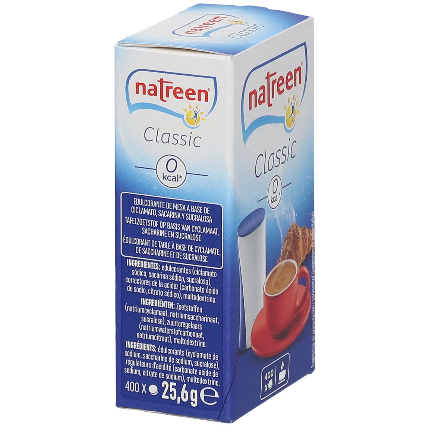 Verpackung von natreen® Classic. Aufdruck: Classic, 0 kcal. Zutatenliste und Nährwertangaben sind sichtbar.