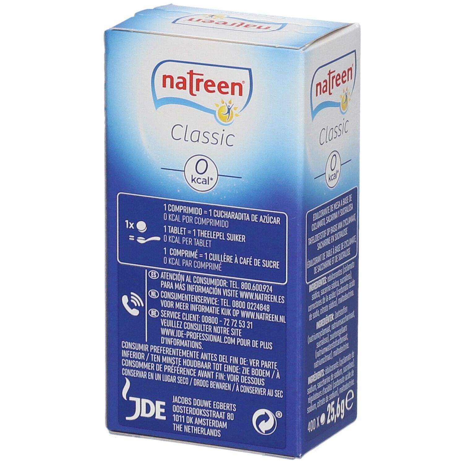 Rückseite der natreen® Classic Verpackung. Aufdruck: Classic, 0 kcal. Informationen zur Dosierung und Kontaktinformationen.