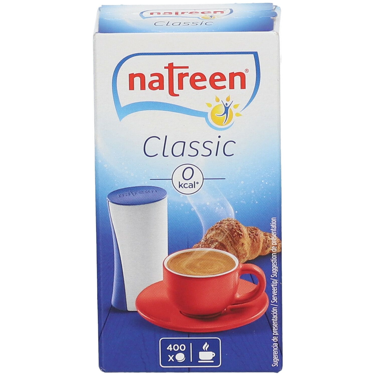 Verpackung von natreen® Classic. Aufdruck: Classic, 0 kcal. Abgebildet: Tasse Kaffee, Croissant, und ein Behälter.