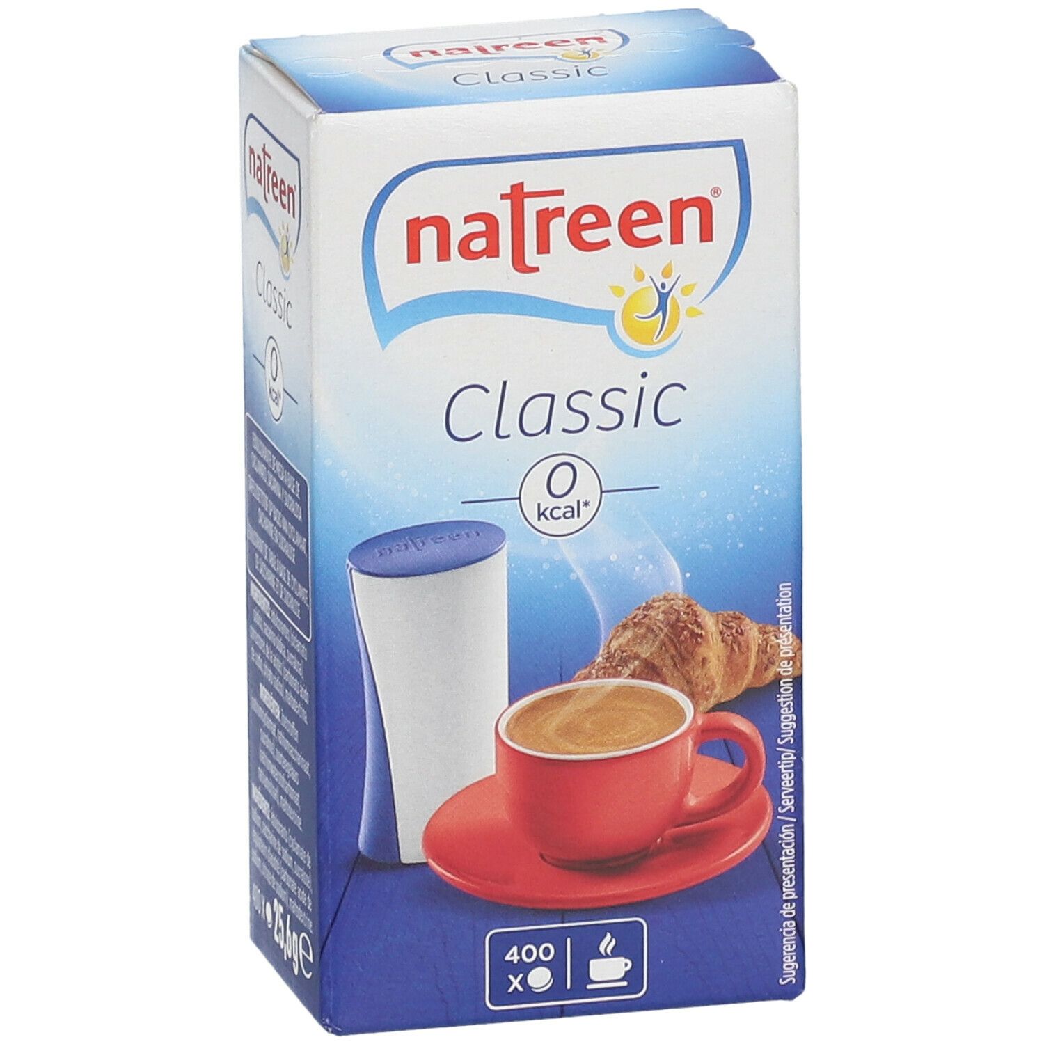 Verpackung von natreen® Classic. Aufdruck: Classic, 0 kcal. Abgebildet: Tasse Kaffee, Croissant, und ein Behälter.