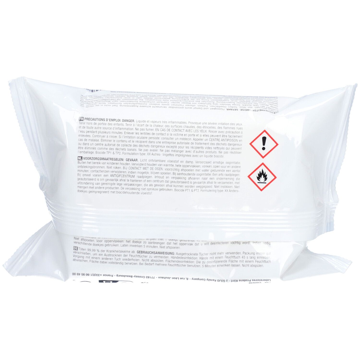 Emballage blanc avec texte et pictogrammes. Mentions de danger : point d'exclamation et flamme. Verso avec texte multilingue.