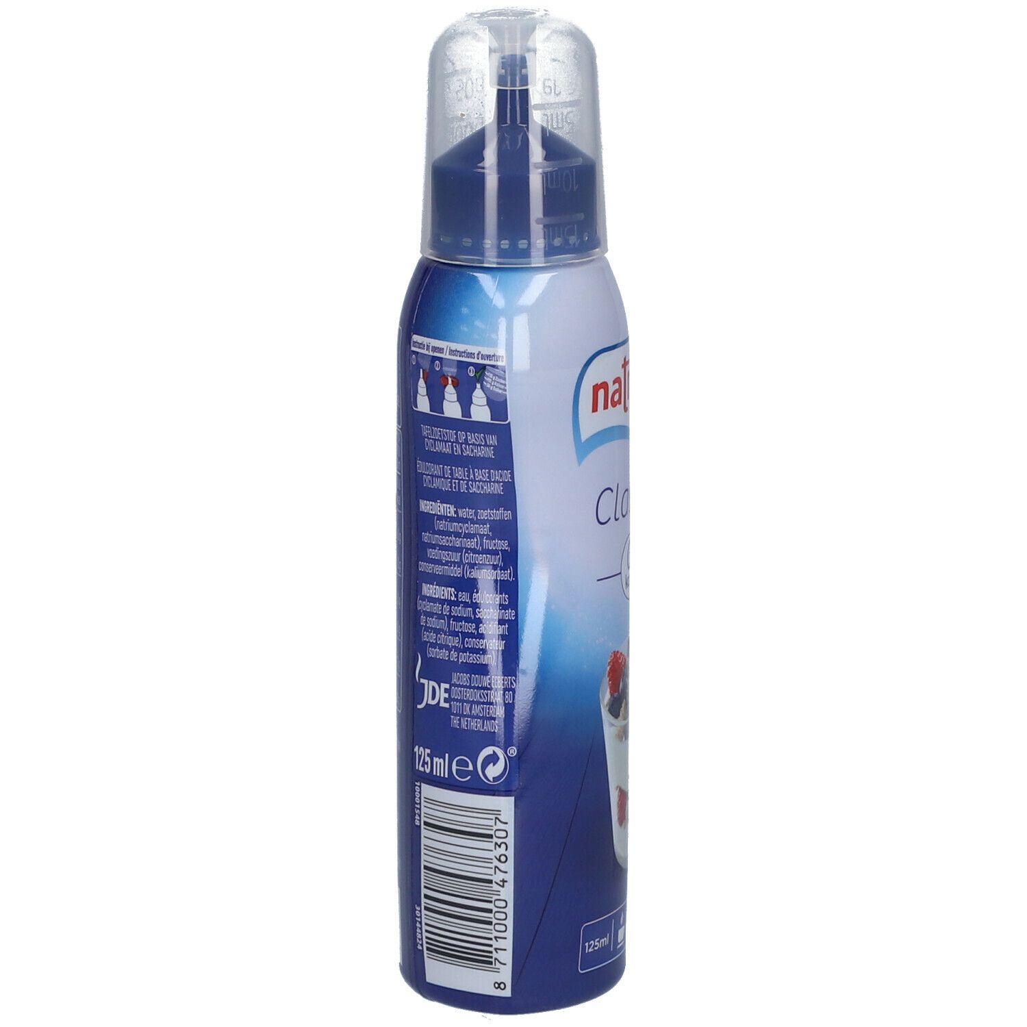 Flüssigsüße-Flasche, Seitenansicht. Weiß-blaue Flasche mit Dosieraufsatz. Text und Barcode. Abbildung: Dessertbecher. Volumen: 125ml.