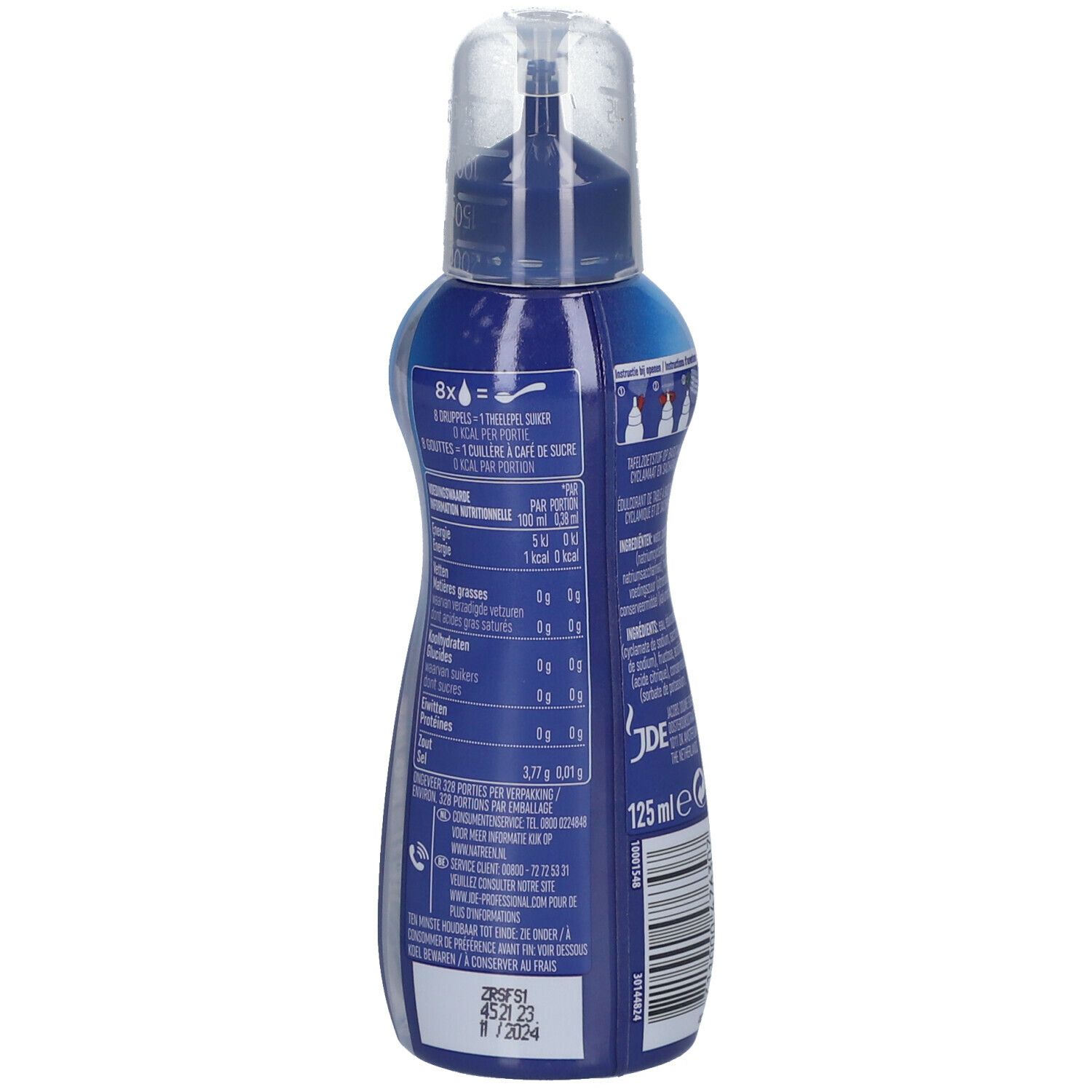 Flüssigsüße-Flasche, Rückseite. Weiß-blaue Flasche mit Dosieraufsatz. Nährwertangaben und Text. Volumen: 125ml. Mindesthaltbarkeit: 08/2024.