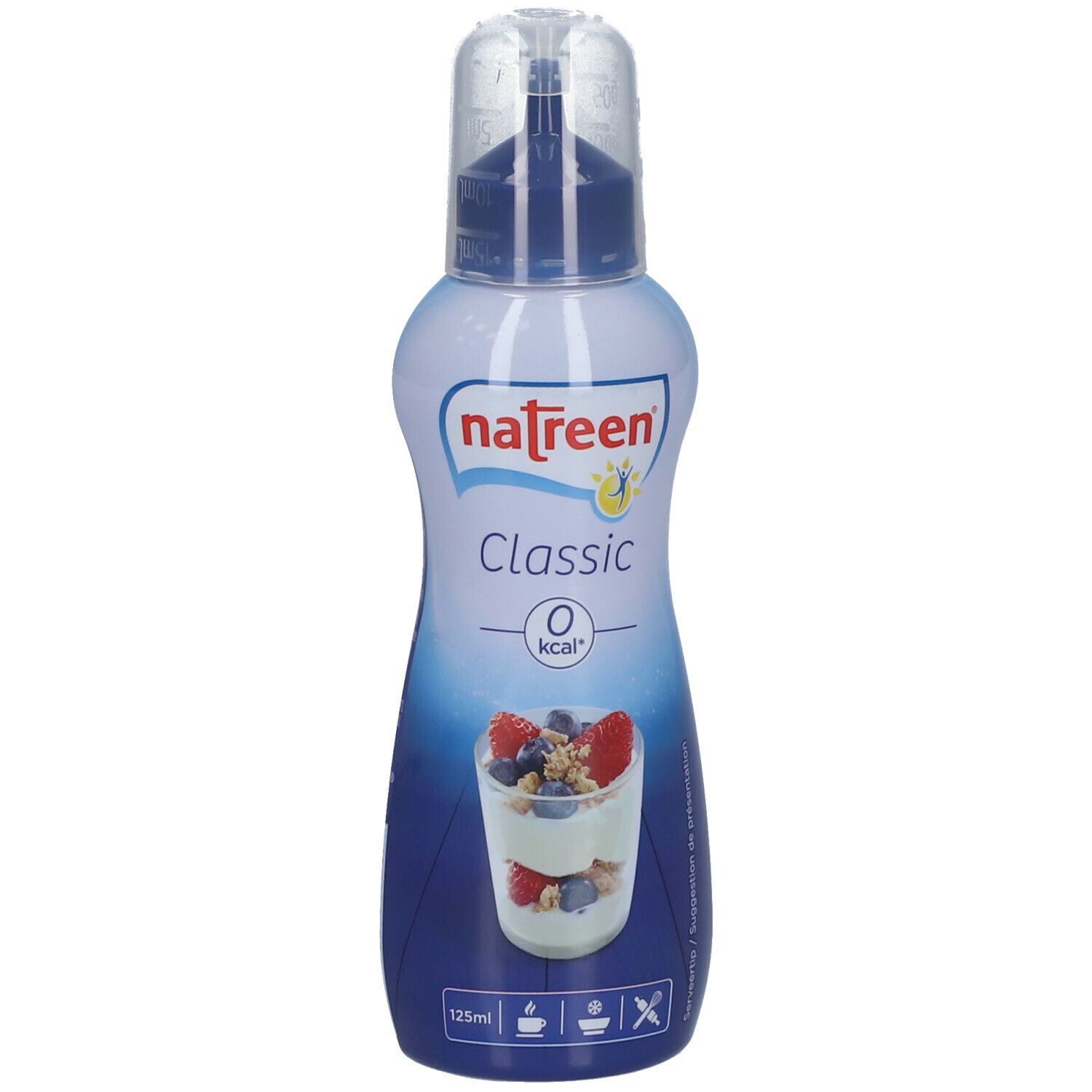 Flüssigsüße-Flasche. Weiß-blaue Flasche mit Dosieraufsatz. Aufschrift: natreen Classic, 0 kcal. Abbildung: Dessertbecher. Volumen: 125ml.