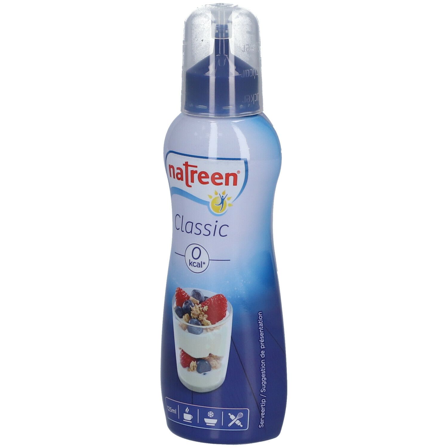 Flüssigsüße-Flasche. Weiß-blaue Flasche mit Dosieraufsatz. Aufschrift: natreen Classic, 0 kcal. Abbildung: Dessertbecher. Volumen: 125ml.