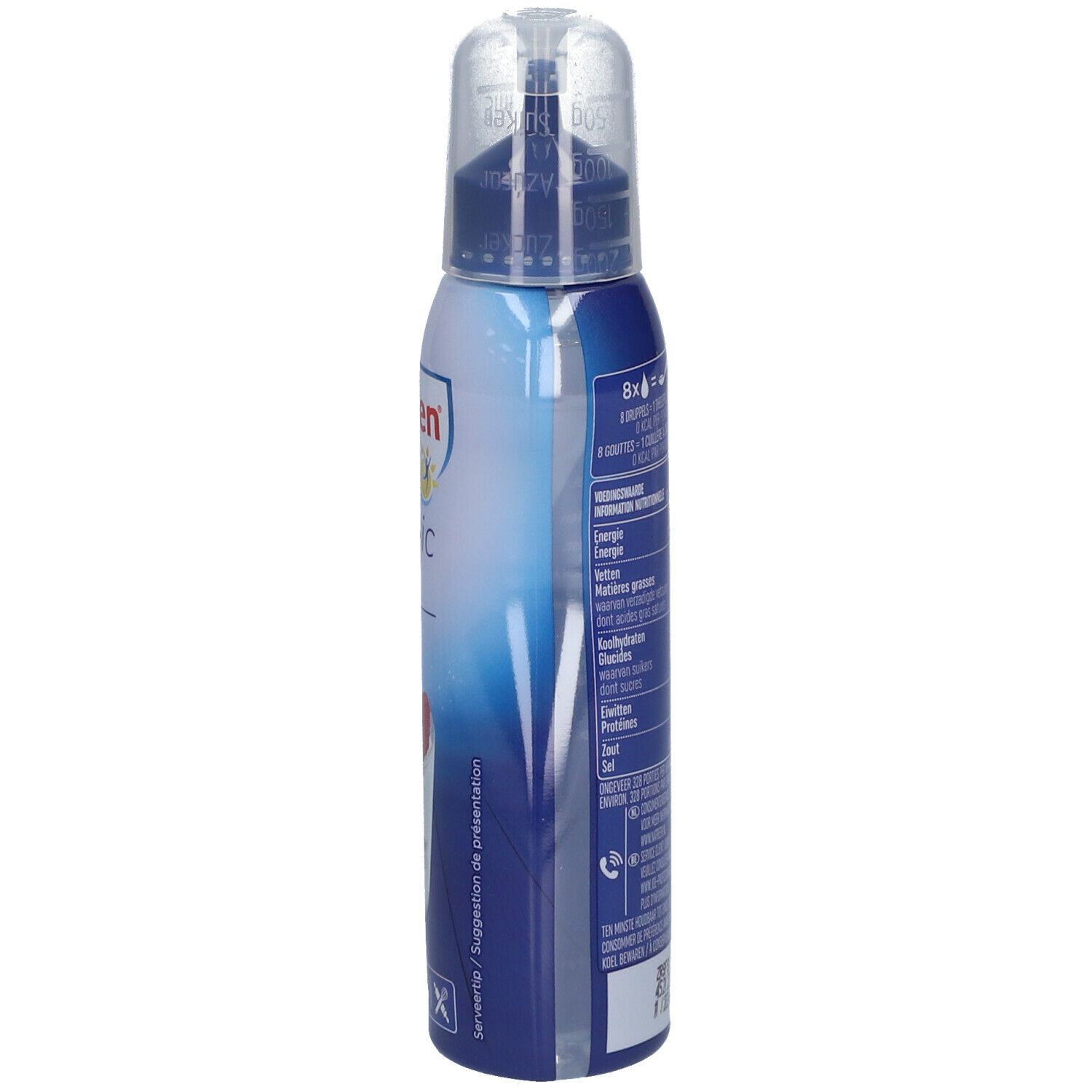 Flüssigsüße-Flasche, Seitenansicht. Weiß-blaue Flasche mit Dosieraufsatz. Text und Abbildung. Volumen: 125ml. Serviertipp.