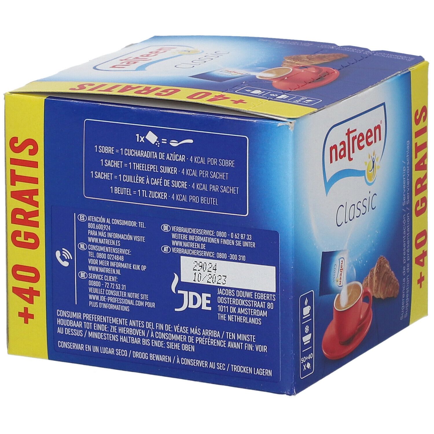 Rückseite der Natreen Classic Pulver Verpackung. Blaue Box mit Text in verschiedenen Sprachen. Enthält Informationen zur Dosierung und Haltbarkeit.