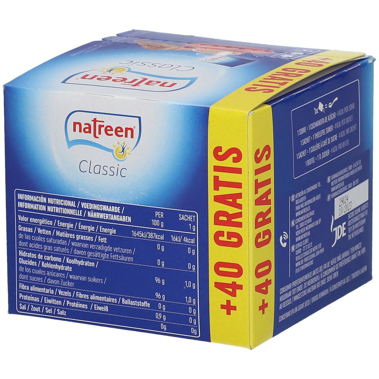 Seite der Natreen Classic Pulver Verpackung. Blaue Box mit Nährwertangaben in verschiedenen Sprachen. Enthält Informationen pro 100g und pro Sachet.