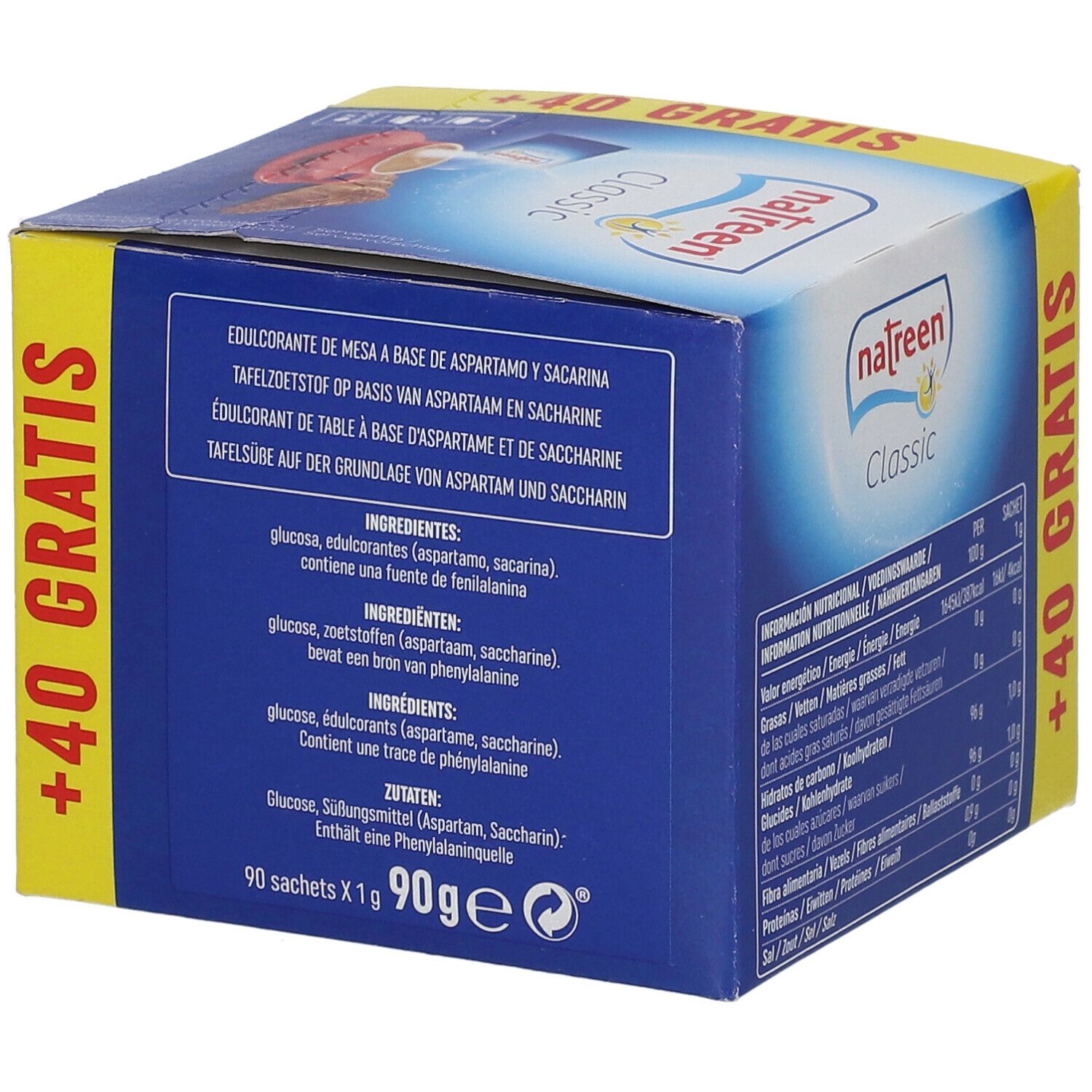 Seite der Natreen Classic Pulver Verpackung. Blaue Box mit Zutatenliste in verschiedenen Sprachen. Enthält Informationen über Süßstoffe.
