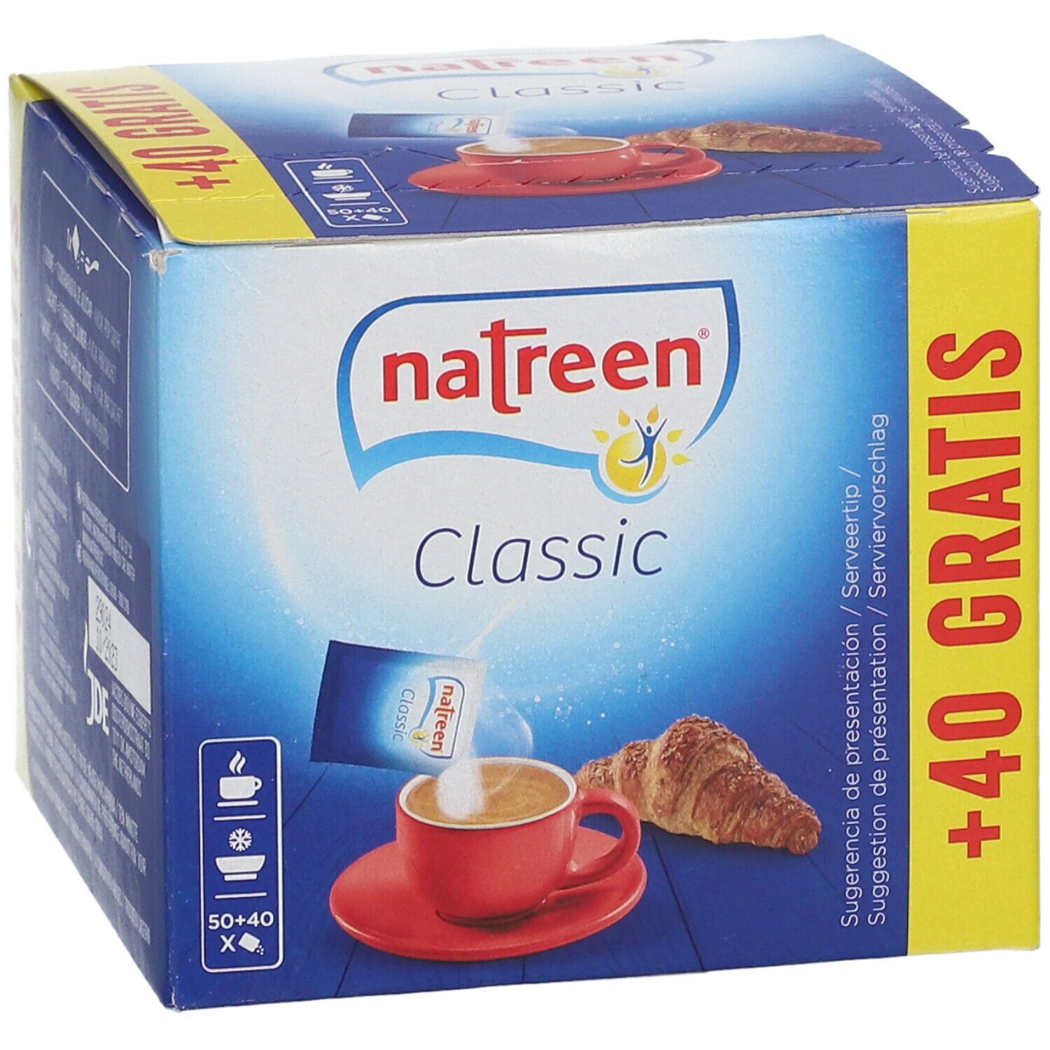 Natreen Classic Pulver Verpackung. Blaue Box mit Produktabbildung. Zeigt eine Tasse Kaffee mit Pulver und ein Croissant. +40 Gratis.