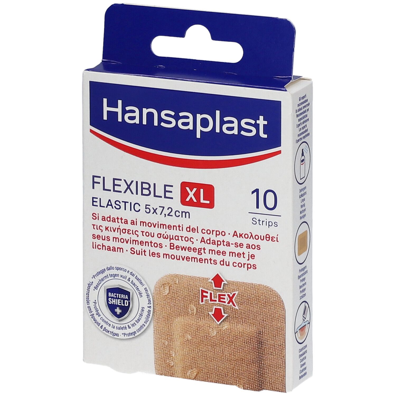 Hansaplast Flexible XL Elastic Pflasterpackung. Enthält 10 Pflaster, 5x7,2 cm. Verpackung mit Produktabbildung und Flex-Symbol.
