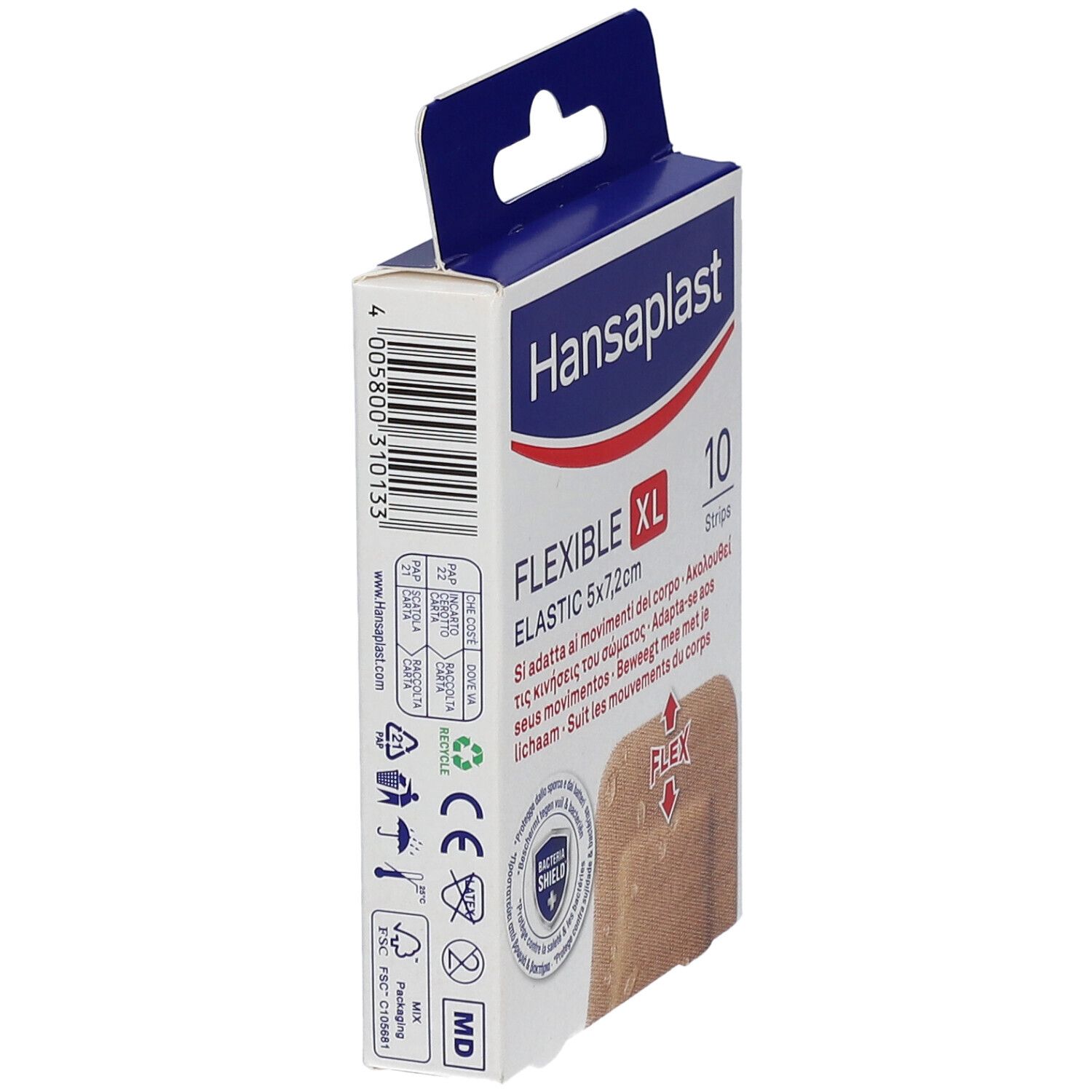 Seitenansicht der Hansaplast Flexible XL Elastic Pflasterpackung. Zeigt Produktinformationen, Barcode und Recycling-Symbole.