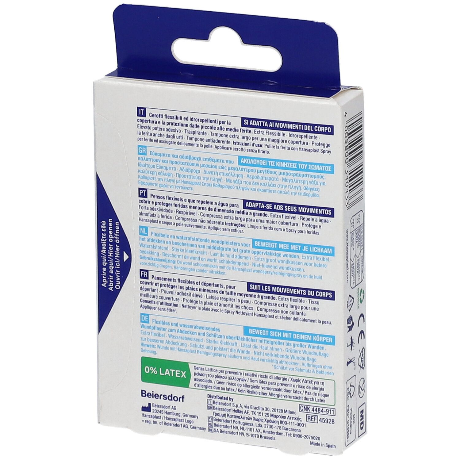 Rückseite der Hansaplast Flexible XL Elastic Pflasterpackung. Text in mehreren Sprachen, darunter Deutsch, Französisch, Italienisch, Niederländisch.