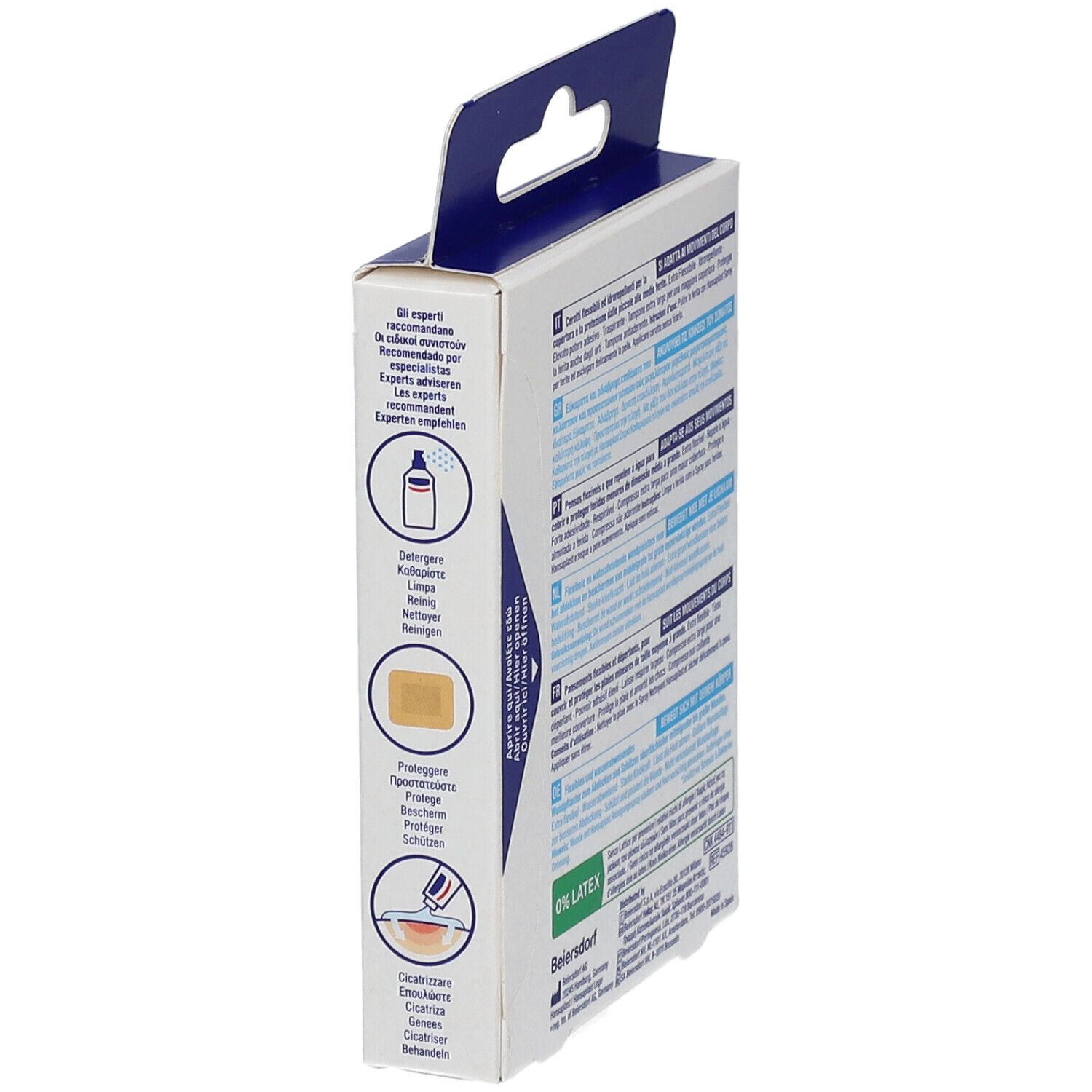 Seitenansicht der Hansaplast Flexible XL Elastic Pflasterpackung. Zeigt Produktinformationen und Piktogramme.