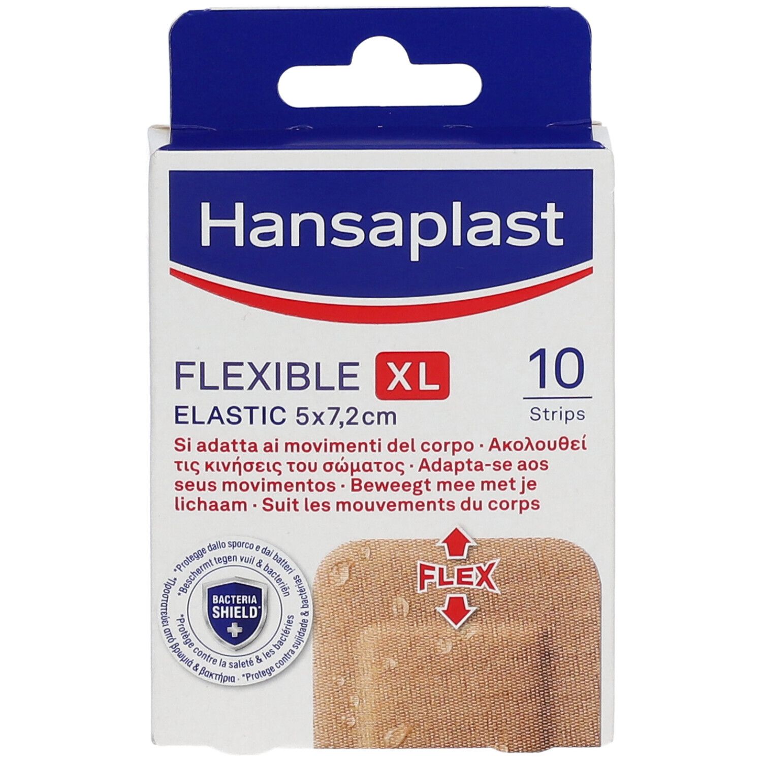 Hansaplast Flexible XL Elastic Pflasterpackung. Enthält 10 Pflaster, 5x7,2 cm. Verpackung mit Produktabbildung und Flex-Symbol.